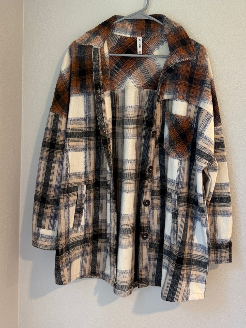 Zenana Oversized Cozy Plaid Shacket in Cream, Black & Rust